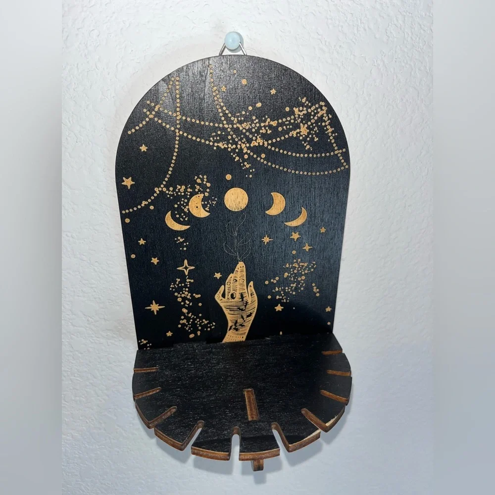 Set of 2 Mystical Boho Wooden Wall Shelves with Celestial & Moth Art Engraving